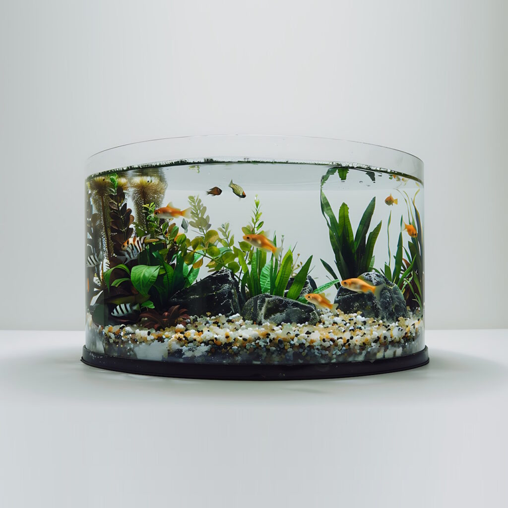 3D-rendering van een leeg aquarium, geïsoleerd tegen een witte achtergrond.
