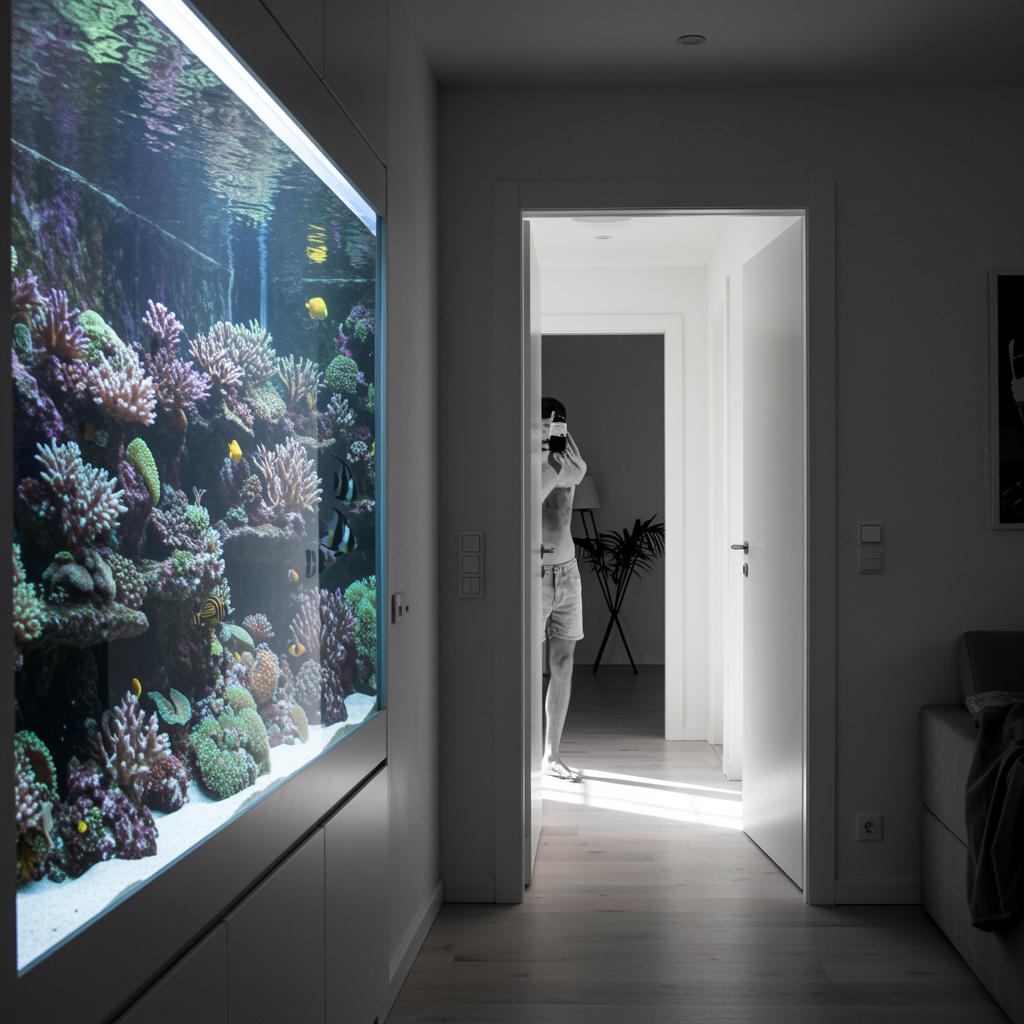 Een groot ingebouwd aquarium dat naadloos in een muur is verwerkt, met zicht op kleurrijke vissen en aquascaping.